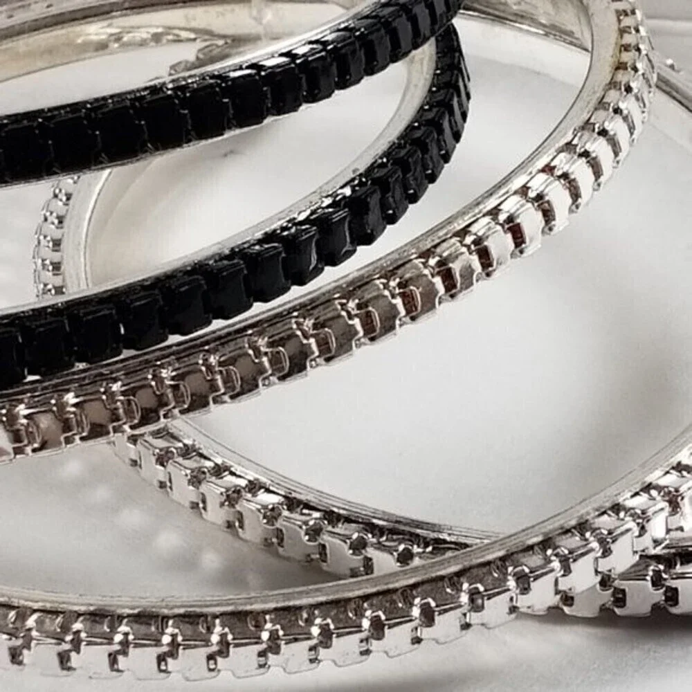 Set of 5 Silver-tone & Black Dainty Bangle Bracelets - Women's Fashion Jewelry